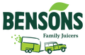 Logo of Bensons Family Juicers with a green truck and leaf on a white background