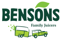 Logo of Bensons Family Juicers with a green truck and leaf on a white background